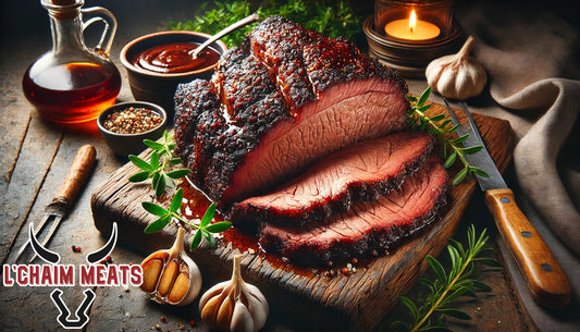 A sliced, juicy brisket with a caramelized crust, garnished with herbs and garlic, on a rustic wooden board using l'chaim meats