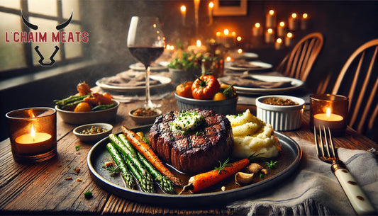 A bison steak dinner with garlic herb butter, roasted vegetables, mashed potatoes, and a cozy table setting