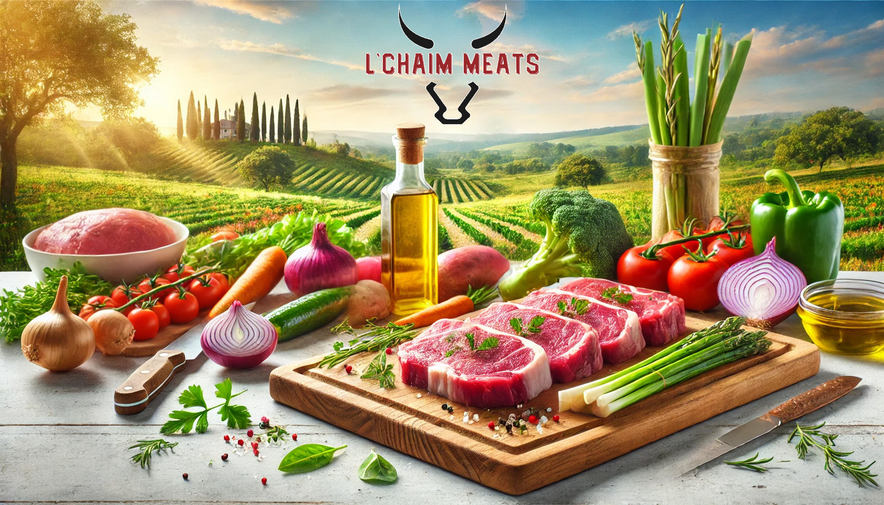 high-quality kosher meat on a wooden cutting board, surrounded by fresh vegetables, herbs, and olive oil in a clean, bright kitchen setting, highlighting health and quality