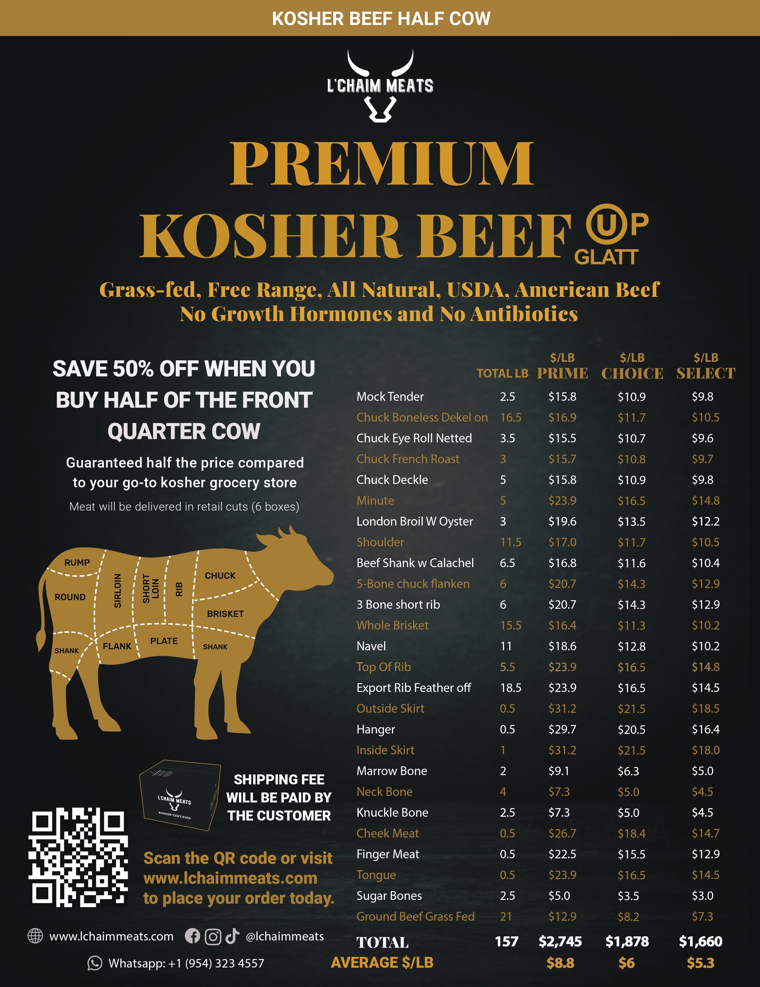 Grass Fed Beef Wholesale -Half Front Quarter – lchaimmeats