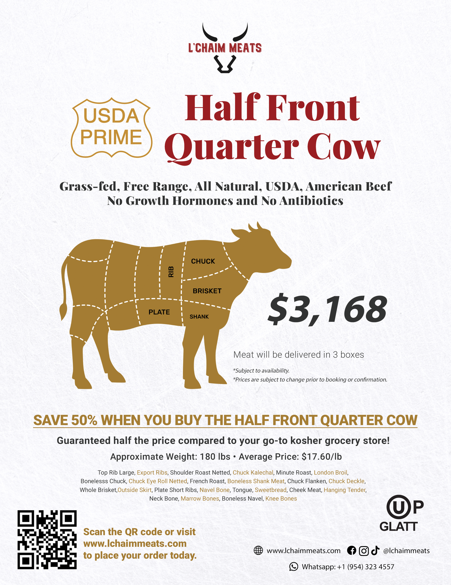 Wholesale Grass Fed Beef -USDA PRIME - HALF Front Quarter Beef Animal