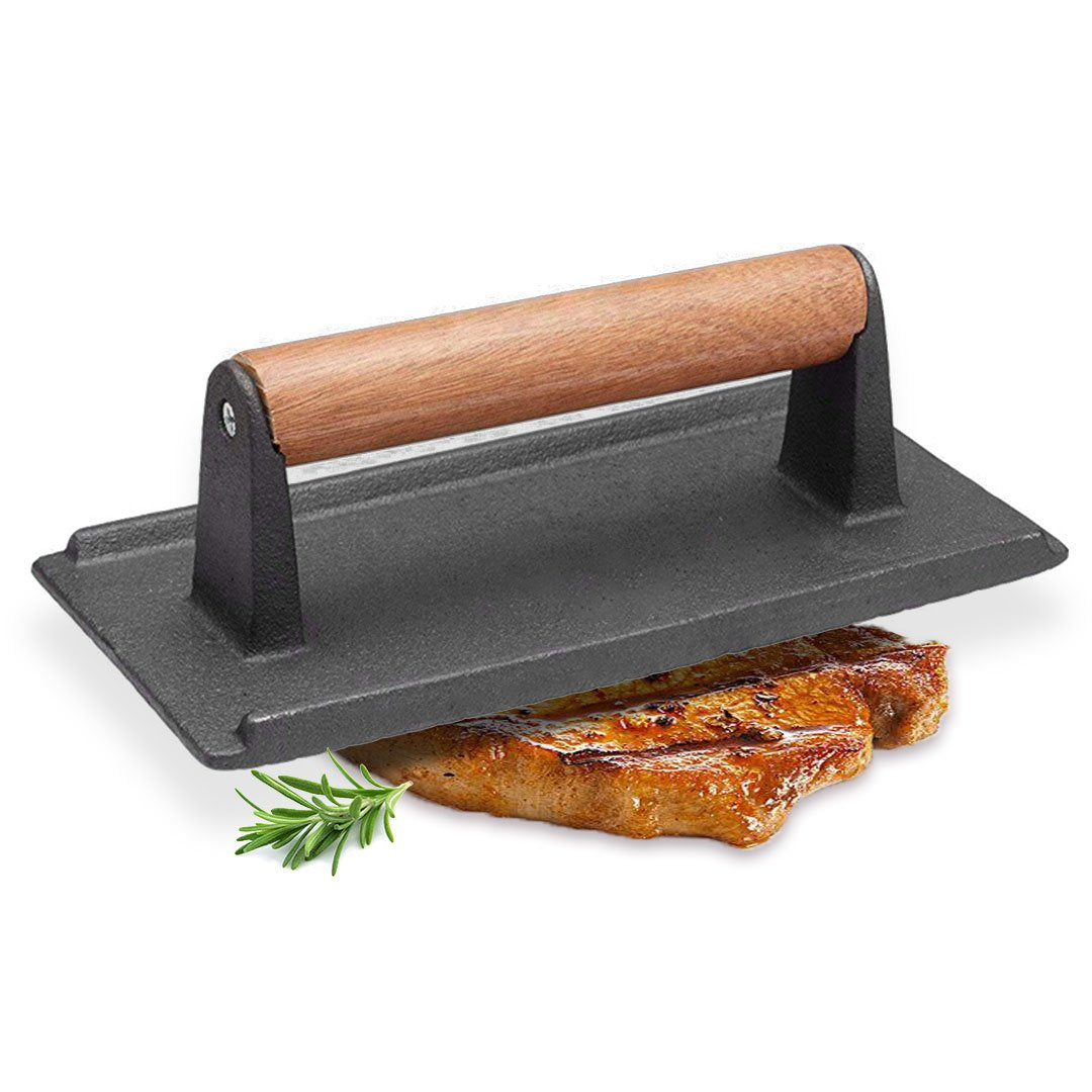 L'Chaim Cast Iron Bacon Meat Steak Press Grill BBQ with Wood Handle Weight