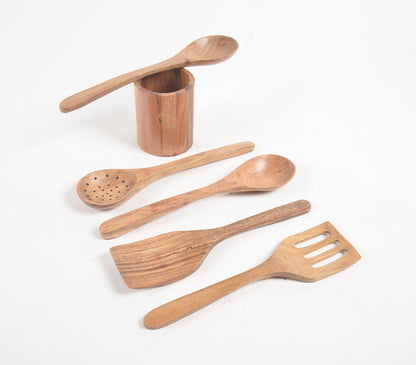 L'Chaim Meats Set of 5 Acacia Wood Cooking Spoons with Jar