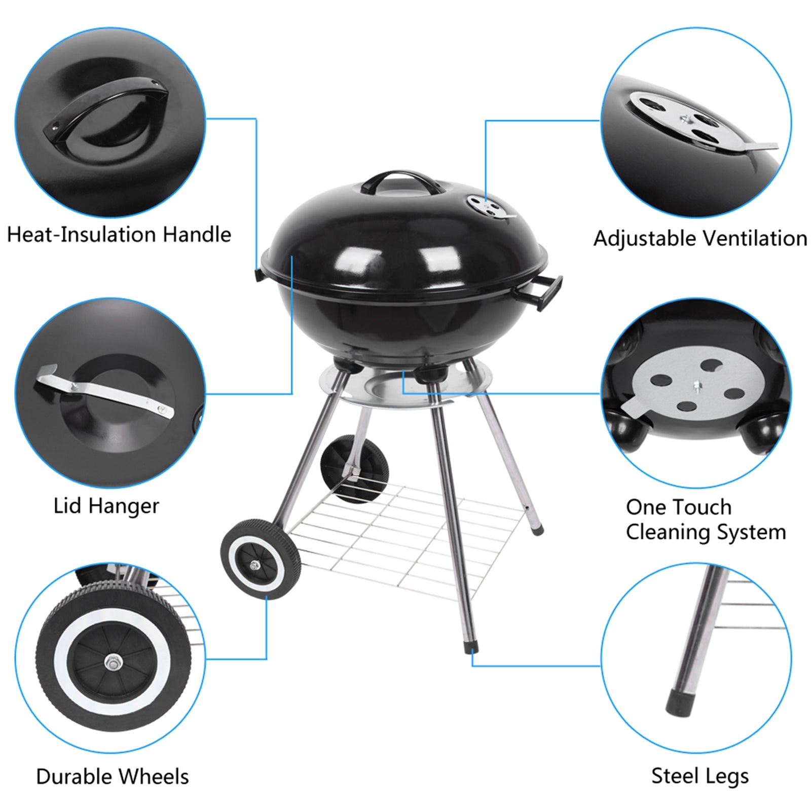 18 Inch Portable Charcoal Grill with Wheels for Outdoor Cooking